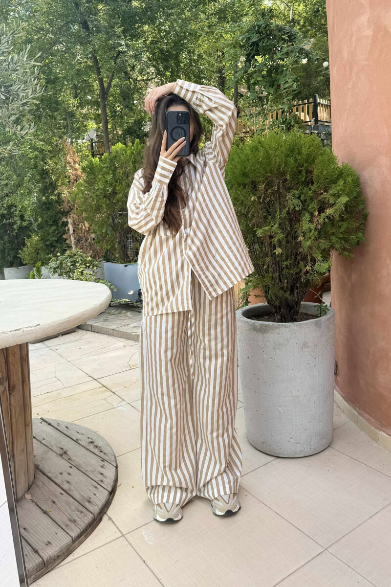 STRIPED LONG SLEEVE SHIRT+TROUSERS WOMEN SET BEIGE/BEZHE - 5