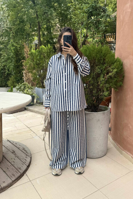 STRIPED LONG SLEEVE SHIRT+TROUSERS WOMEN SET BLUE/BLU - 1
