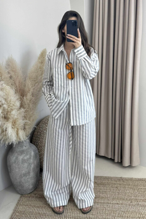 STRIPED LONG SLEEVE SHIRT+TROUSERS WOMEN SET GREY/GRI 