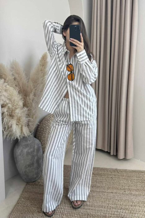 STRIPED LONG SLEEVE SHIRT+TROUSERS WOMEN SET GREY/GRI - 2