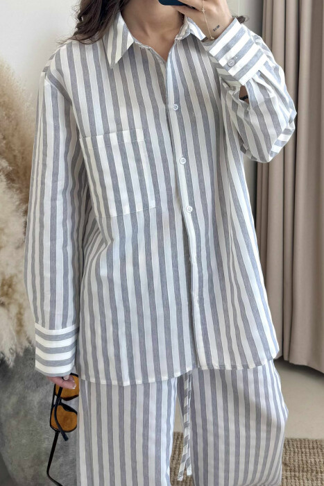 STRIPED LONG SLEEVE SHIRT+TROUSERS WOMEN SET GREY/GRI - 3