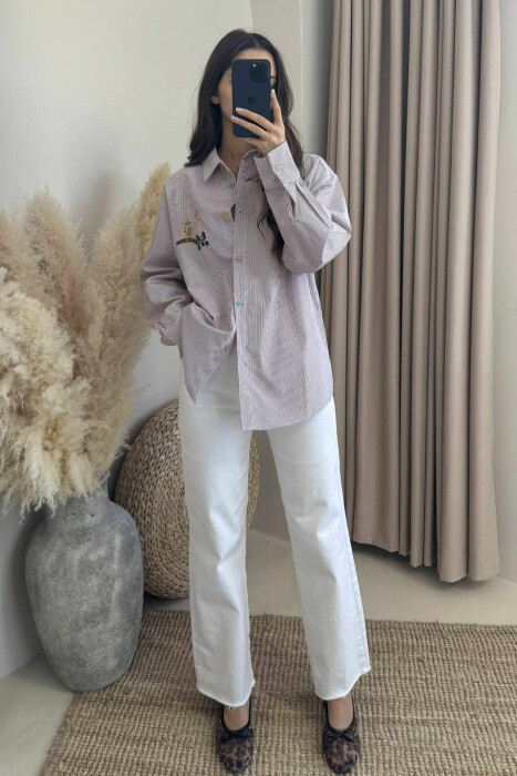 STRIPED LONG SLEEVE WOMEN SHIRT BURGUNDY/VISHNJE - 3