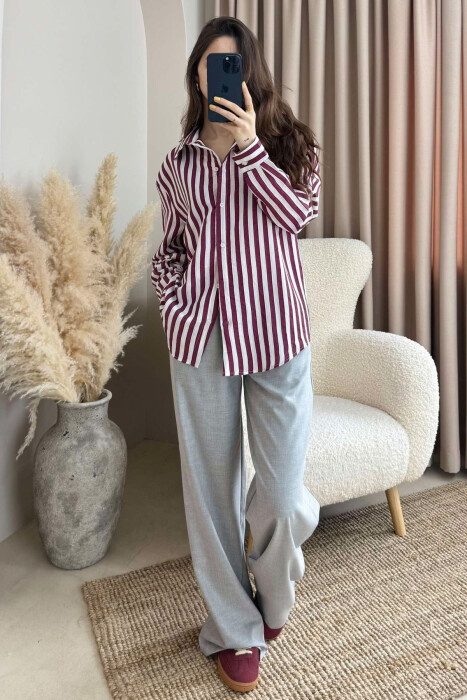 STRIPED LONG SLEEVES WOMEN SHIRT BURGUNDY/VISHNJE 
