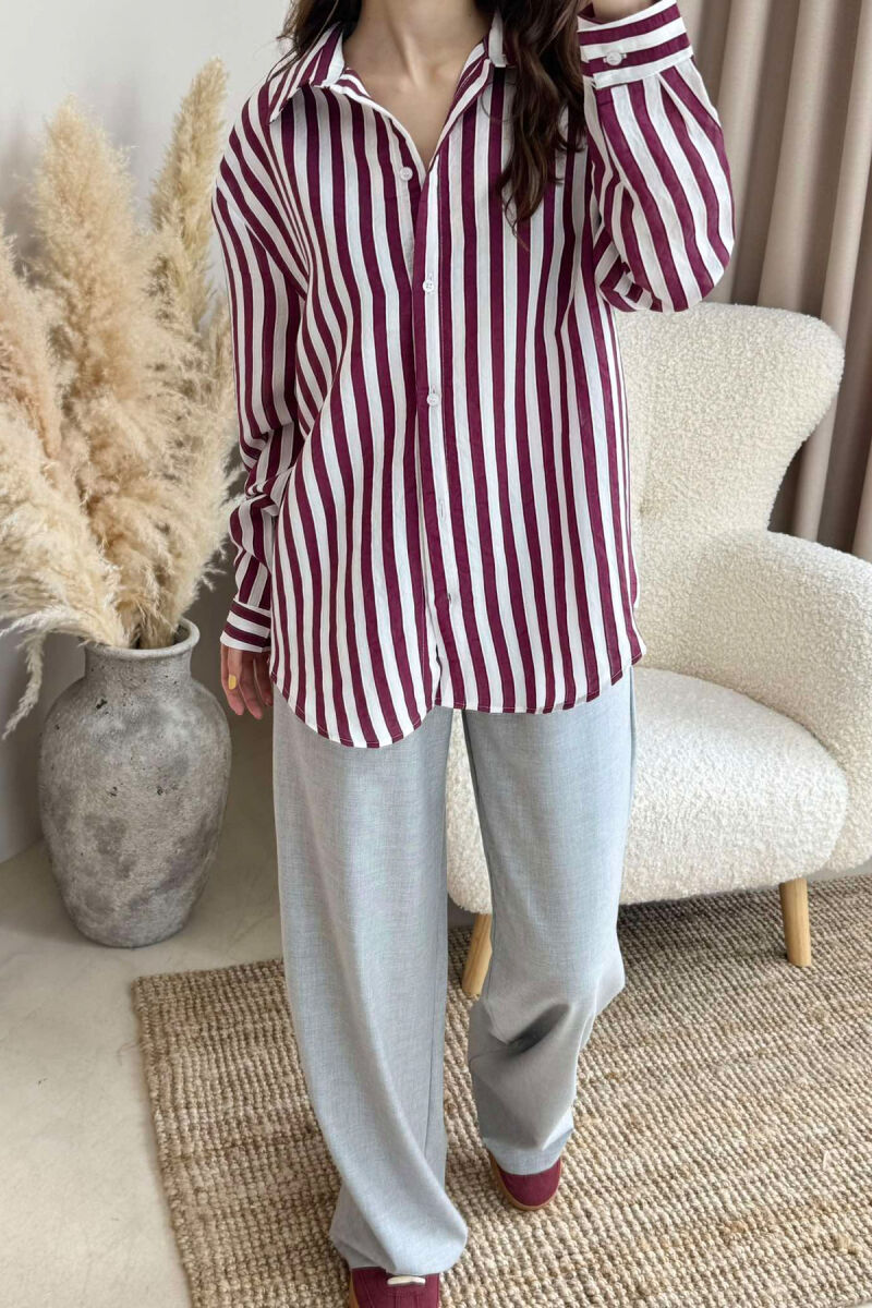 STRIPED LONG SLEEVES WOMEN SHIRT BURGUNDY/VISHNJE - 3