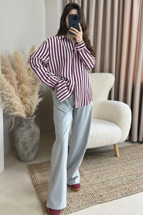 STRIPED LONG SLEEVES WOMEN SHIRT BURGUNDY/VISHNJE - 5