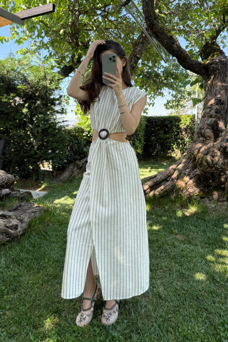 FUSTAN I GJATË ME VIJA PËR FEMRA NË NGJYRËN KREM - KLAUDIO FASHION