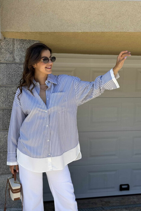 STRIPED LONG WOMEN SHIRT GREY/GRI - KLAUDIO FASHION