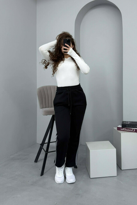 STRIPED ONE COLOR FLUFFY WOMEN SWEATPANTS BLACK/ E ZEZE - KLAUDIO FASHION