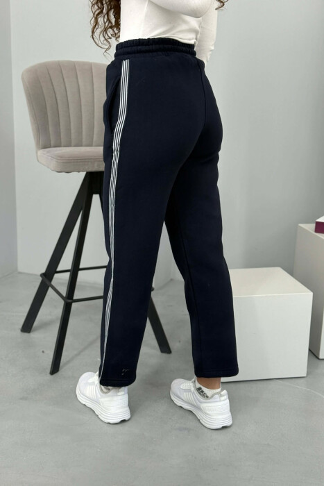 STRIPED ONE COLOR FLUFFY WOMEN SWEATPANTS DARK BLUE/BEE - 4