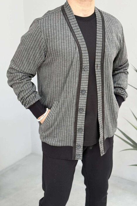 STRIPED SIMPLE MEN CARDIGAN GREY/GRI - KLAUDIO FASHION