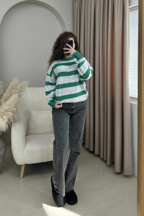 STRIPED SIMPLE WOMEN SWEATER GREY-GREEN/GRI-JESHILE - 2