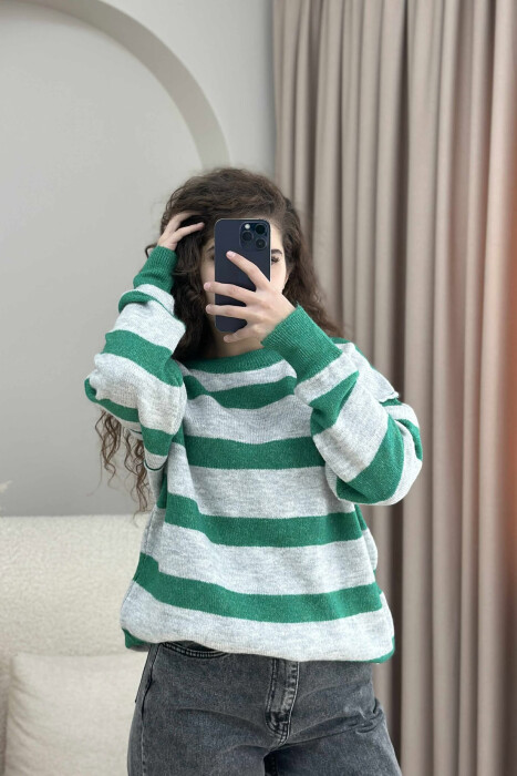 STRIPED SIMPLE WOMEN SWEATER GREY-GREEN/GRI-JESHILE - 4