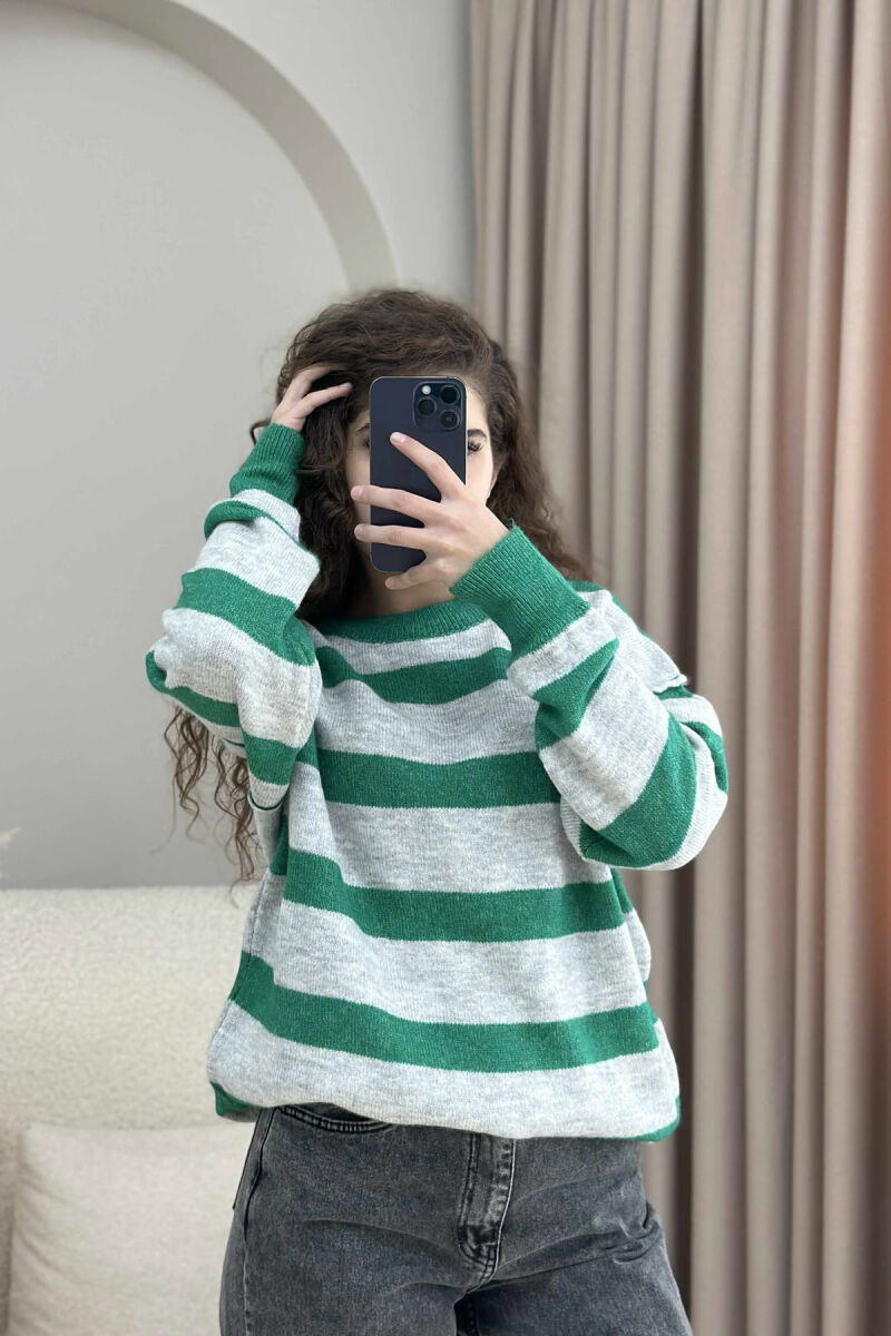STRIPED SIMPLE WOMEN SWEATER GREY-GREEN/GRI-JESHILE - 4