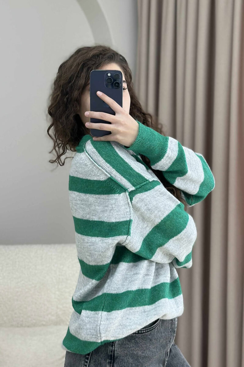 STRIPED SIMPLE WOMEN SWEATER GREY-GREEN/GRI-JESHILE - 5