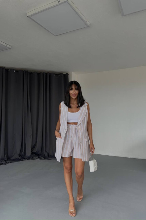 STRIPED VEST+SHORTS WOMEN SET BEIGE/BEZHE - 1
