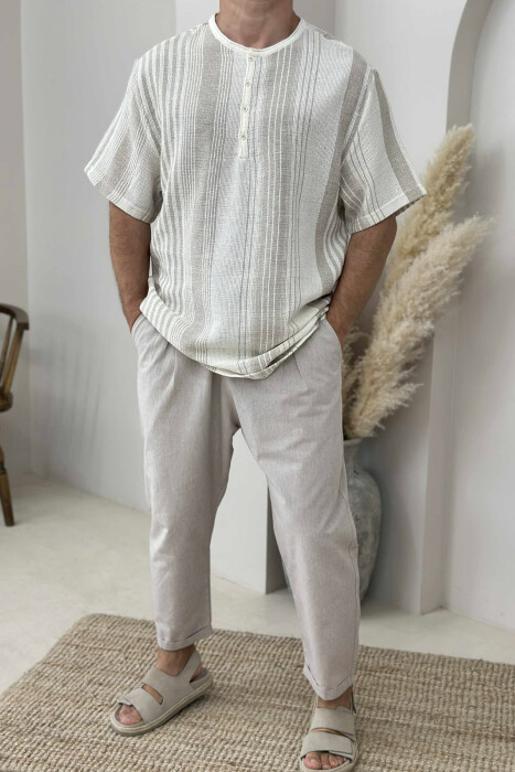 T-SHIRT ME VIJA ME DETAJIN E KOPSAVE PËR MESHKUJ NË NGJYRËN BEZHË - KLAUDIO FASHION