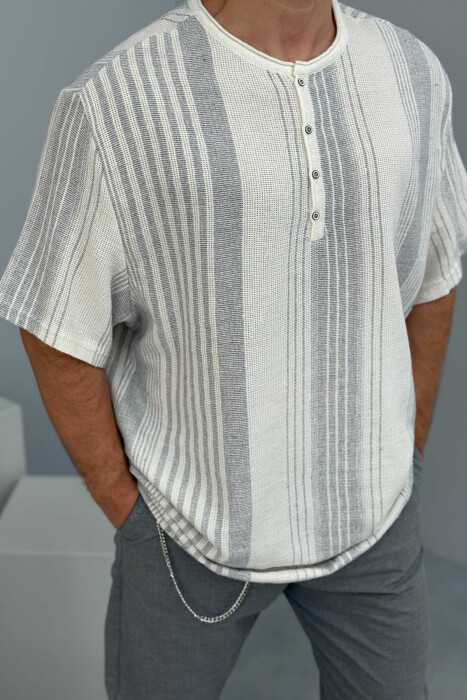 STRIPES BUTTONED MEN T-SHIRT LIGHT GREY/GZ - 2