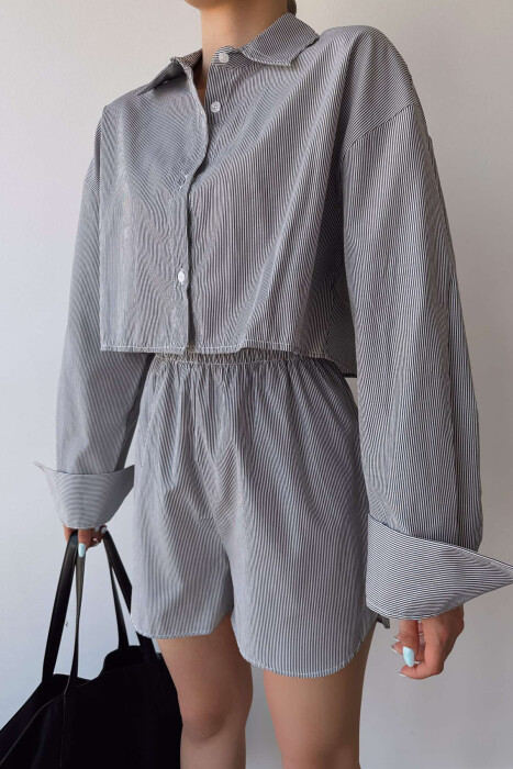 STRIPES CROPPED SHIRT+SHORTS WOMEN SET BLACK/ E ZEZE - 3
