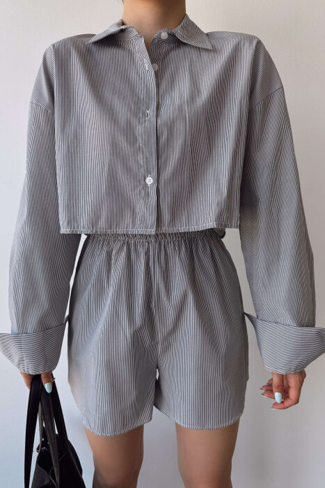 STRIPES CROPPED SHIRT+SHORTS WOMEN SET BLACK/ E ZEZE 