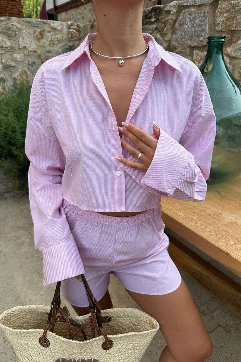 STRIPES CROPPED SHIRT+SHORTS WOMEN SET PINK/ROZE - 6