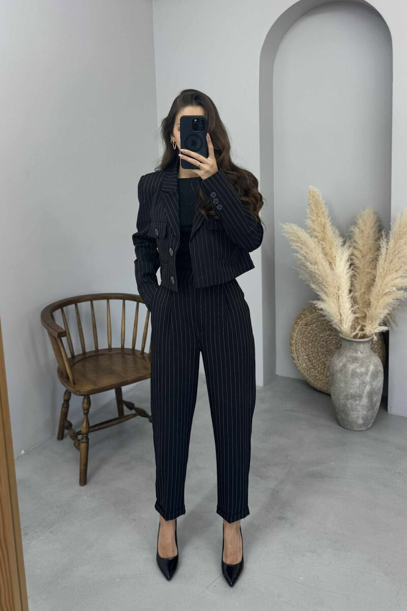 STRIPES DESIGN JACKET+ TROUSERS WOMEN SET BLACK/ E ZEZE - 1