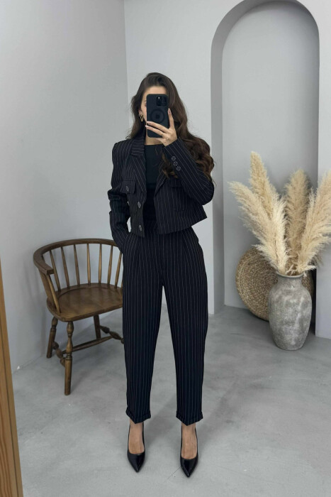 STRIPES DESIGN JACKET+ TROUSERS WOMEN SET BLACK/ E ZEZE 