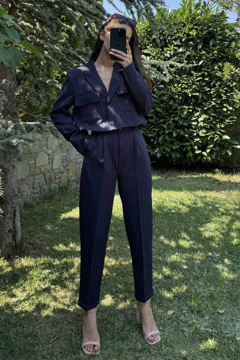 STRIPES DESIGN JACKET+ TROUSERS WOMEN SET DARK BLUE/BEE - 2