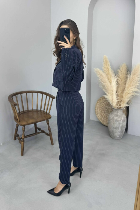 STRIPES DESIGN JACKET+ TROUSERS WOMEN SET DARK BLUE/BEE - 3