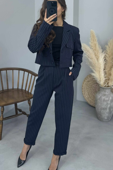 STRIPES DESIGN JACKET+ TROUSERS WOMEN SET DARK BLUE/BEE - 4