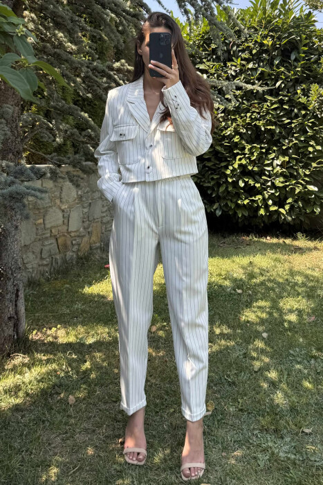 STRIPES DESIGN JACKET+ TROUSERS WOMEN SET WHITE-E BARDHE - 2