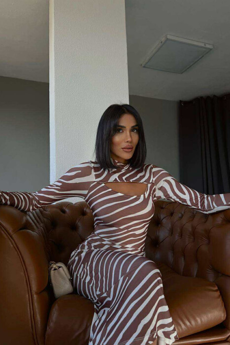 STRIPES DESIGN LONG WOMEN DRESS BROWN/KAFE - 4