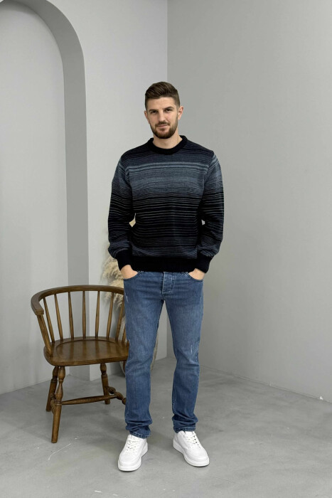STRIPES DESIGN ROUND NECK KNITTED MEN SWEATER DARK BLUE/BEE 