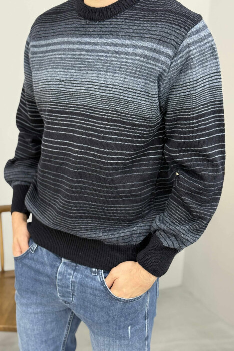 STRIPES DESIGN ROUND NECK KNITTED MEN SWEATER DARK BLUE/BEE - 2