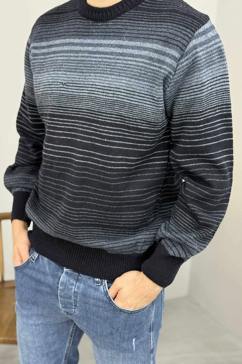 STRIPES DESIGN ROUND NECK KNITTED MEN SWEATER DARK BLUE/BEE - 2