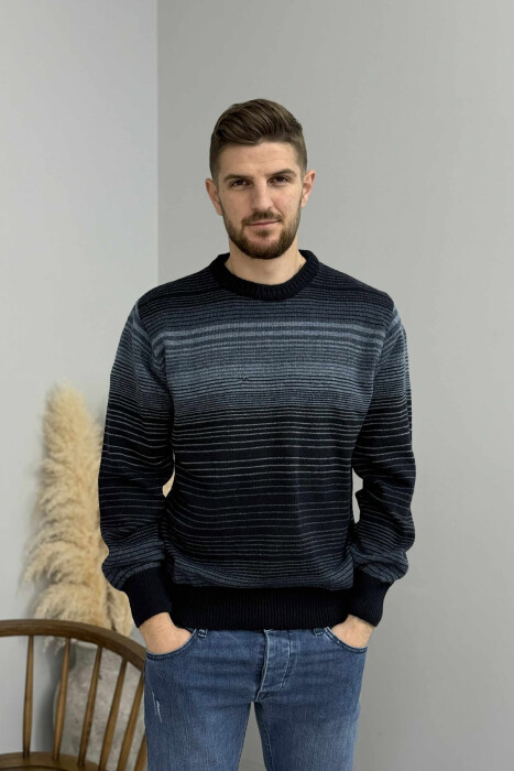 STRIPES DESIGN ROUND NECK KNITTED MEN SWEATER DARK BLUE/BEE - 3