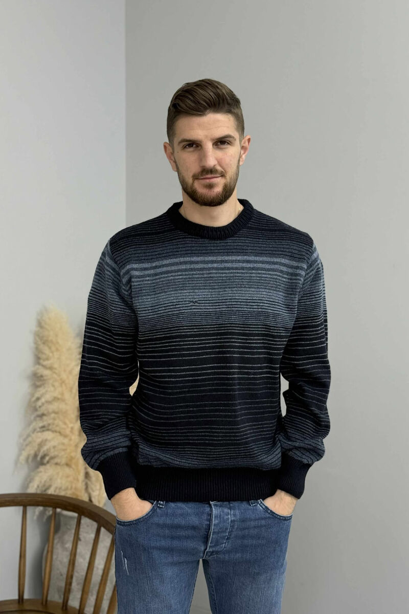 STRIPES DESIGN ROUND NECK KNITTED MEN SWEATER DARK BLUE/BEE - 3