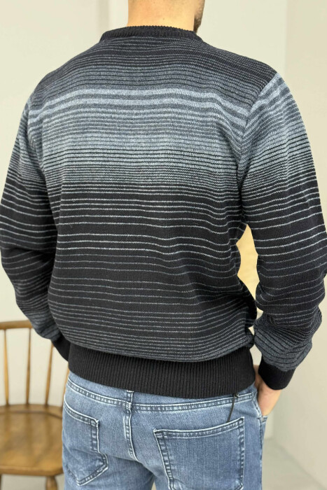 STRIPES DESIGN ROUND NECK KNITTED MEN SWEATER DARK BLUE/BEE - 4