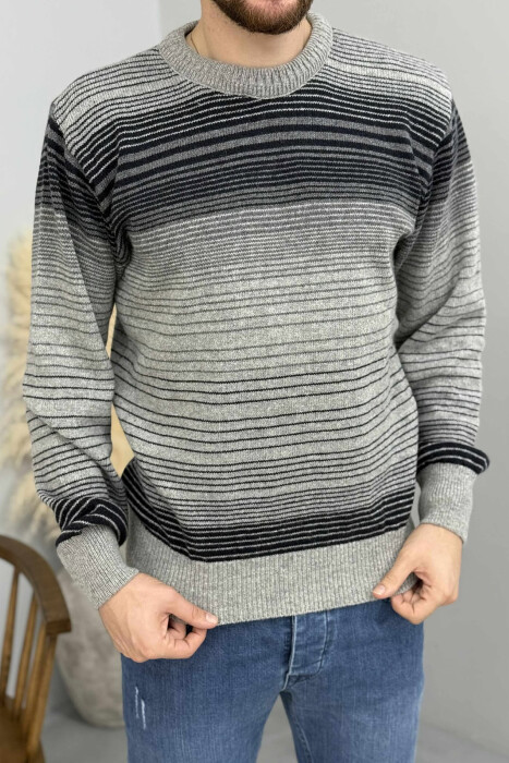 STRIPES DESIGN ROUND NECK KNITTED MEN SWEATER GREY/GRI 