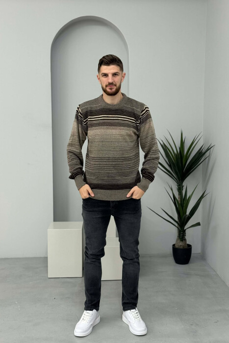 STRIPES DESIGN ROUND NECK KNITTED MEN SWEATER LIGHT BROWN/KAZB - 1