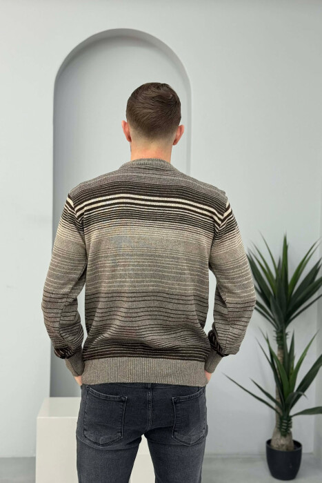 STRIPES DESIGN ROUND NECK KNITTED MEN SWEATER LIGHT BROWN/KAZB - 3