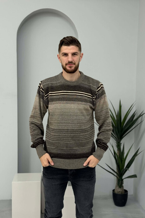 STRIPES DESIGN ROUND NECK KNITTED MEN SWEATER LIGHT BROWN/KAZB - 4