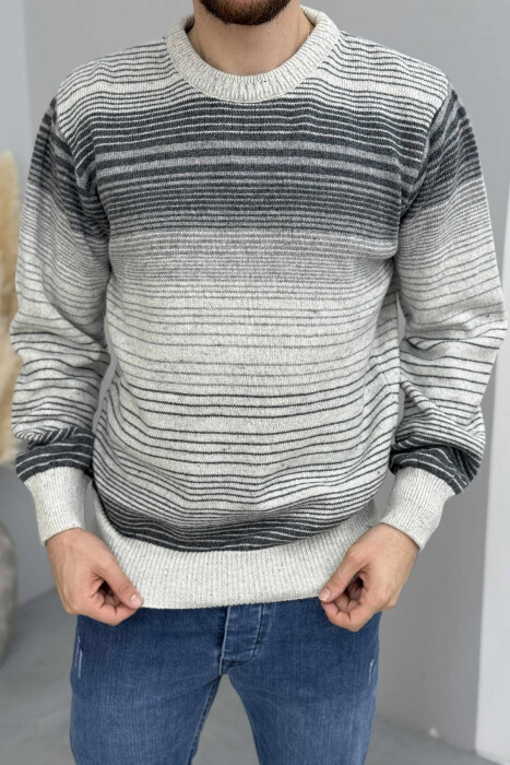 STRIPES DESIGN ROUND NECK KNITTED MEN SWEATER LIGHT GREY/GZ 