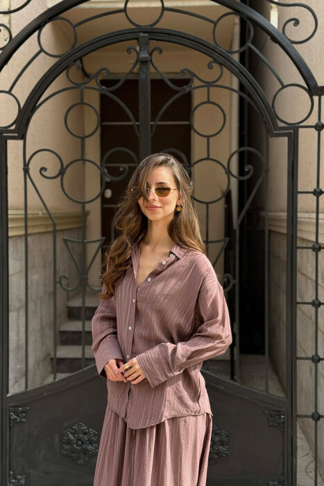 STRIPES DESIGN SHIRT + SKIRT WOMAN SET BROWN/KAFE - 2