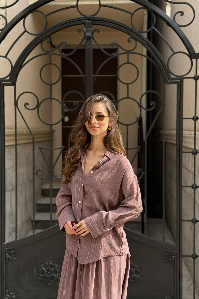 STRIPES DESIGN SHIRT + SKIRT WOMAN SET BROWN/KAFE - 2