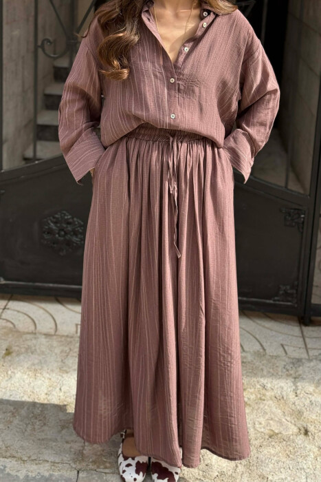 STRIPES DESIGN SHIRT + SKIRT WOMAN SET BROWN/KAFE - 3