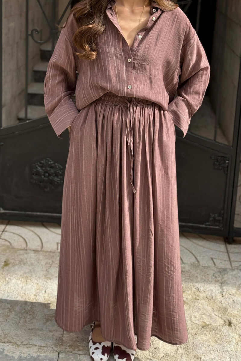 STRIPES DESIGN SHIRT + SKIRT WOMAN SET BROWN/KAFE - 3