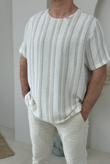 STRIPES DESIGN SIMPLE MEN T-SHIRT BEIGE/BEZHE - 1