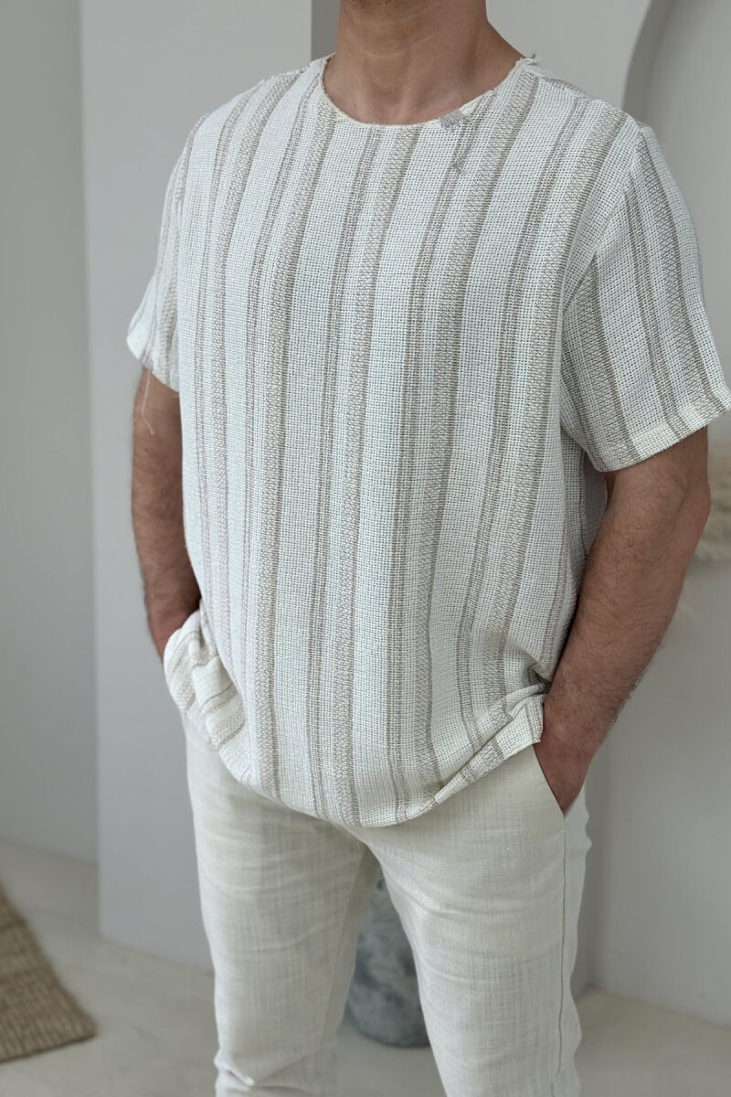STRIPES DESIGN SIMPLE MEN T-SHIRT BEIGE/BEZHE - 1