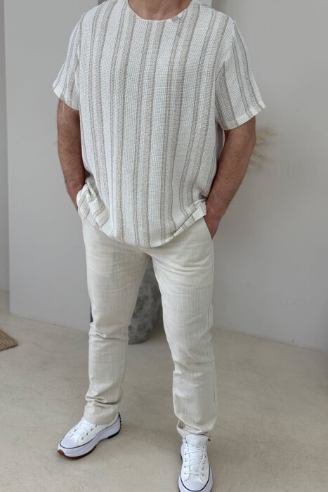 STRIPES DESIGN SIMPLE MEN T-SHIRT BEIGE/BEZHE - 2
