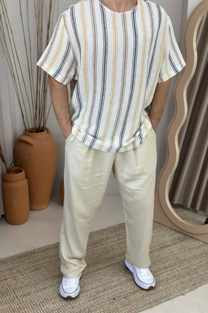 STRIPES DESIGN SIMPLE MEN T-SHIRT CREAM-BROWN/KRKA - 1